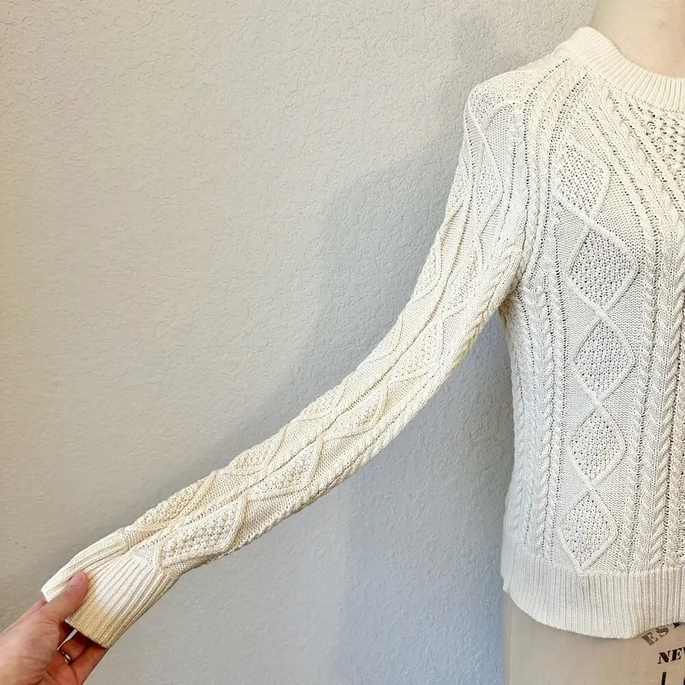 J.CREW Sweater Cream Crew Neck Pullover Cotton Cable Knit Fisherman